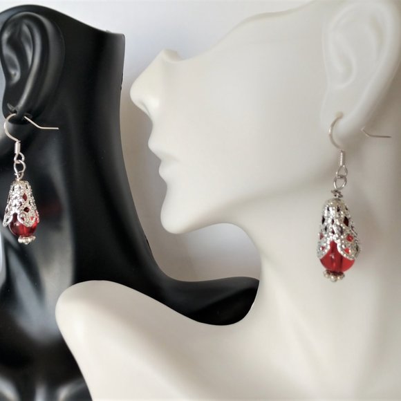 Handmade Red and Silver Filigree Beaded Earrings On Silver Tone Fishhooks 1.75in - Picture 8 of 14